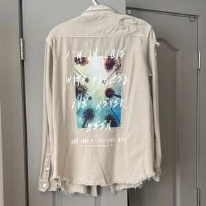 Women's Beige Jean Jacket with Graphic Print